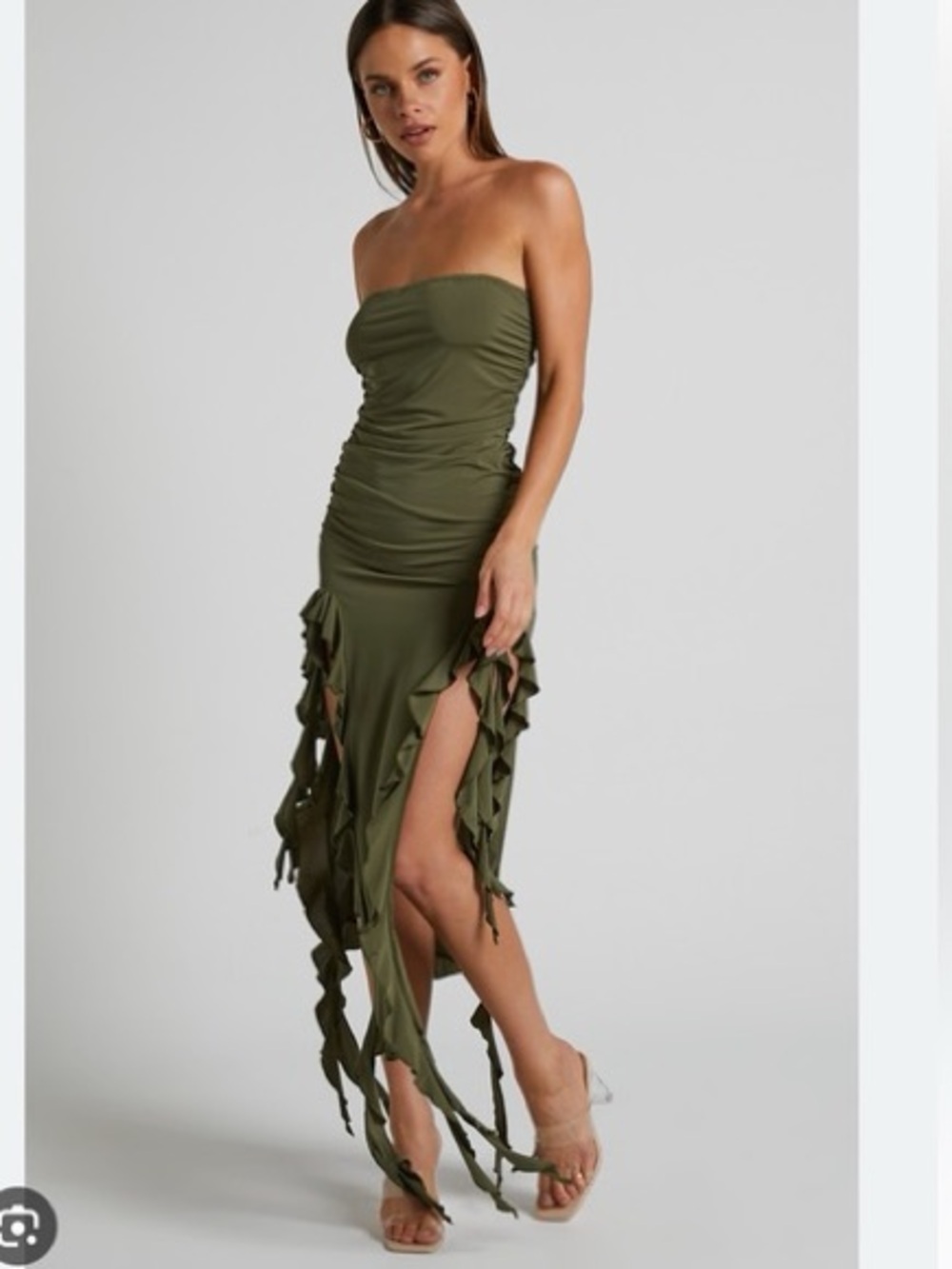 Lioness Rendezvous Strapless Olive Green Ruffle Slit Maxi Dress Size Large - Picture 2 of 6